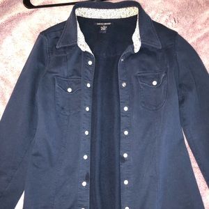 Navy Blue warm button down shirt.